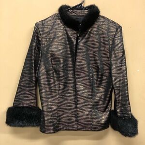 VTG CACHET Evening Jacket Metallic Faux Fur Trim